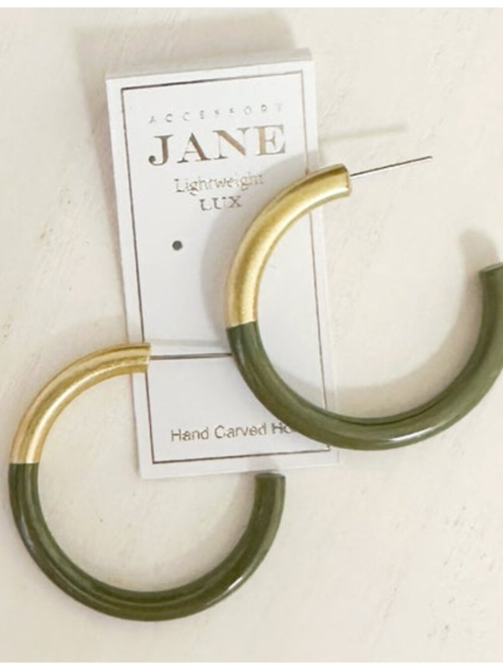 Accessory Jane Hand Carved Horn Hoops, Army Green